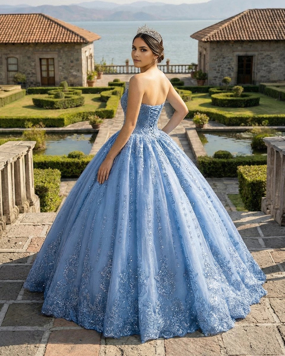 Vedress blue strapless quinceañera dress lace-up corset back glitter tulle ballgown back view