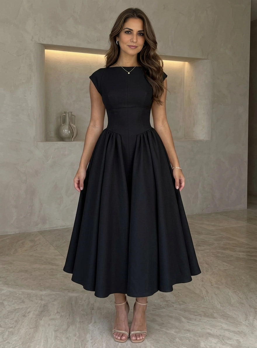 Minimalist A‑Line Boat‑Neck Cap‑Sleeve Zipper‑Back Midi Wedding Guest Dress