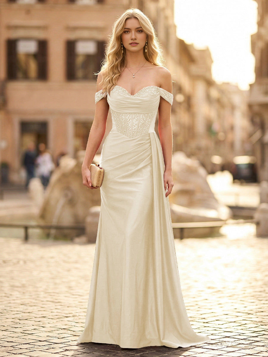 Mermaid‑Fit Off‑The‑Shoulder Short‑Sleeve Lace‑Up‑Back Maxi Bridesmaid Dress
