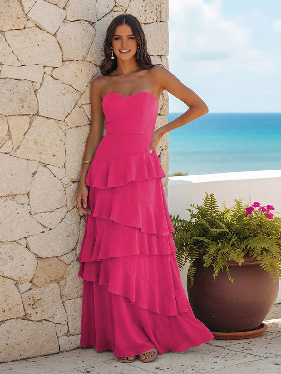 Flowy A‑Line Strapless Sweetheart Zip‑Back Tiered Chiffon Long Bridesmaid Dress