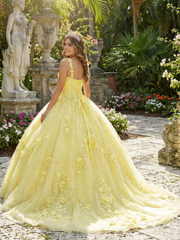 Vedress yellow tulle quinceanera gown floral spaghetti straps lace-up corset back long satin sash full voluminous ball skirt back view