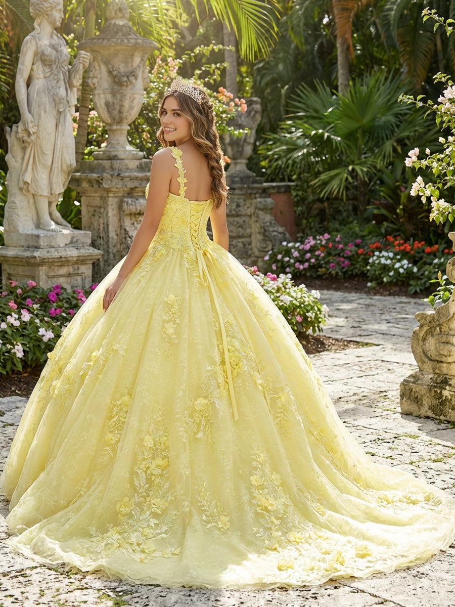 Vedress yellow tulle quinceanera gown floral spaghetti straps lace-up corset back long satin sash full voluminous ball skirt back view
