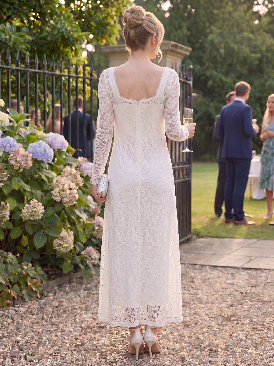Ivory Sheath Square‑Neck Long‑Sleeve Lace Midi Prom Dress