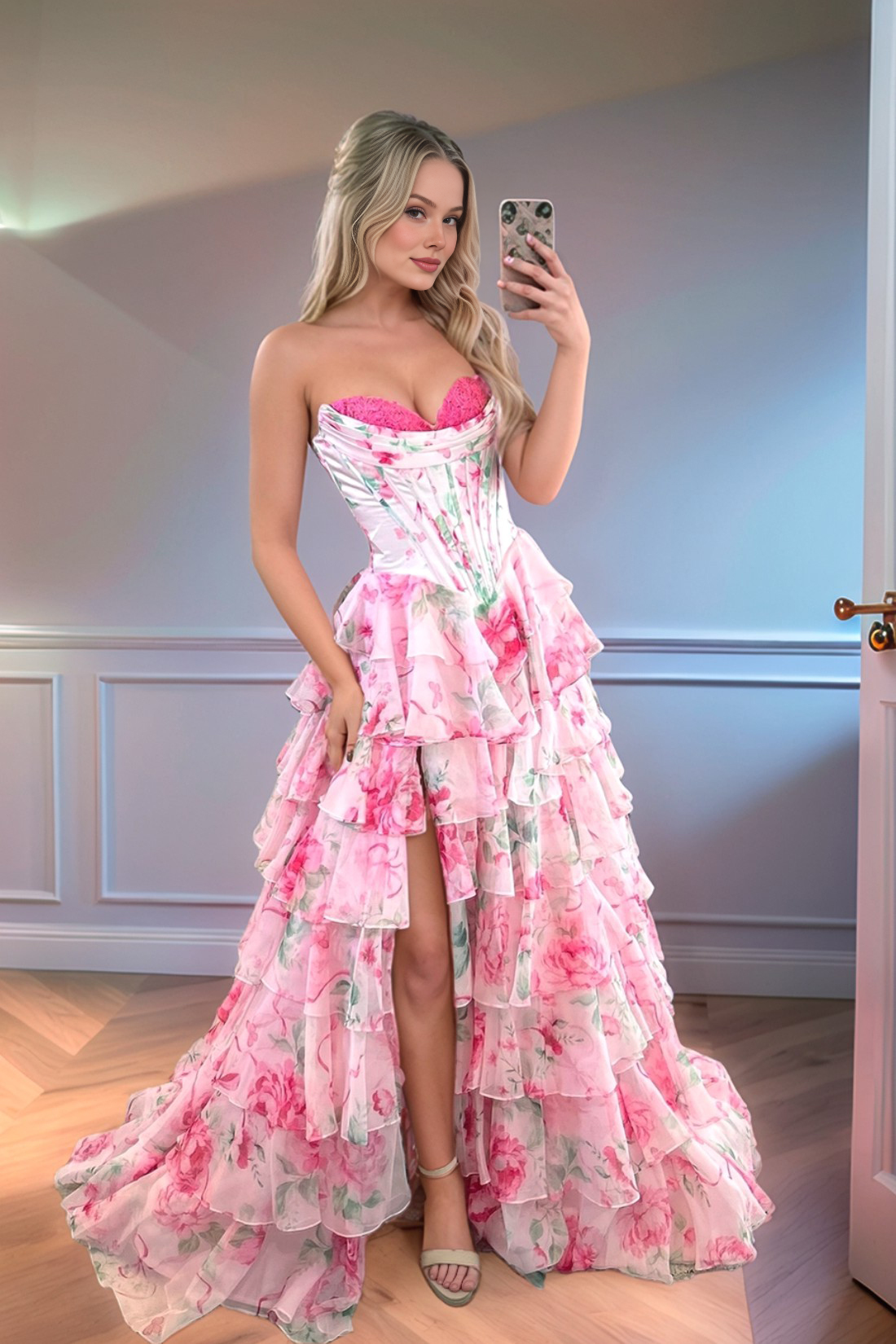 Vestido de Noche con Estampado Floral sin Tirantes Estilo Princesa de Corte A con Volantes y Abertura Alta, con Espalda Corset para Fiesta de Graduación