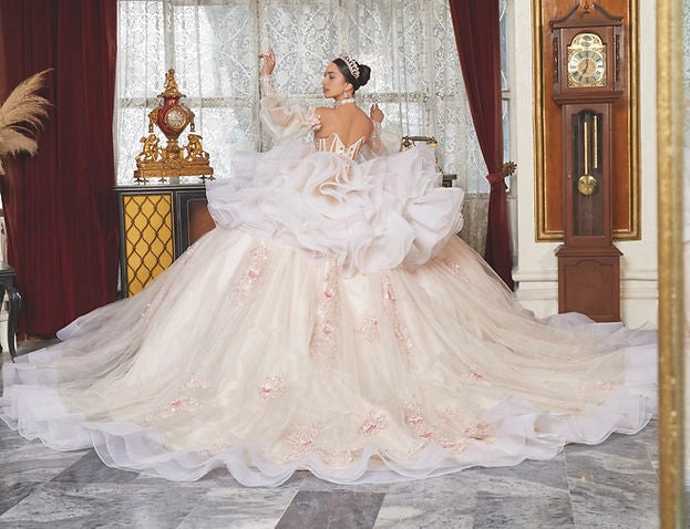 Vedress ivory quinceañera gown corset lace-up back oversized ruffle tulle bow long train back view