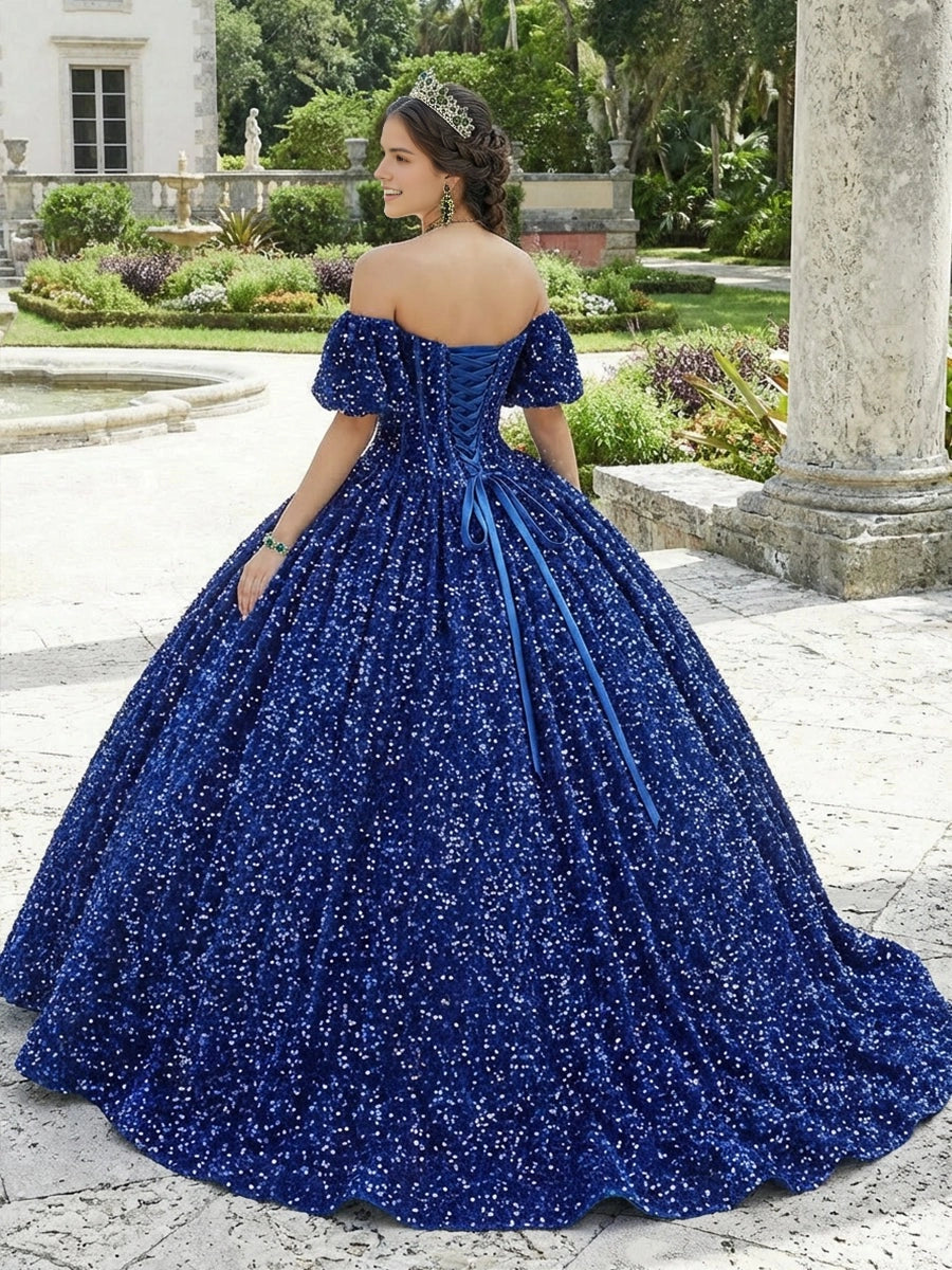 Vedress royal blue sequin quinceanera gown off shoulder puff sleeves lace-up corset back long satin sash voluminous ball gown back view