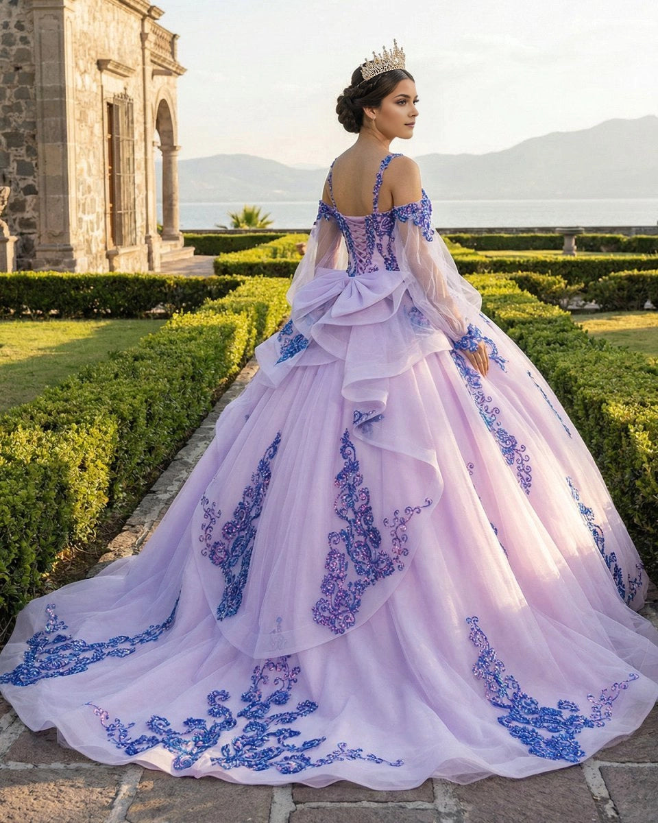 Vedress lavender off shoulder quinceañera dress lace-up corset back big bow train ballgown back view