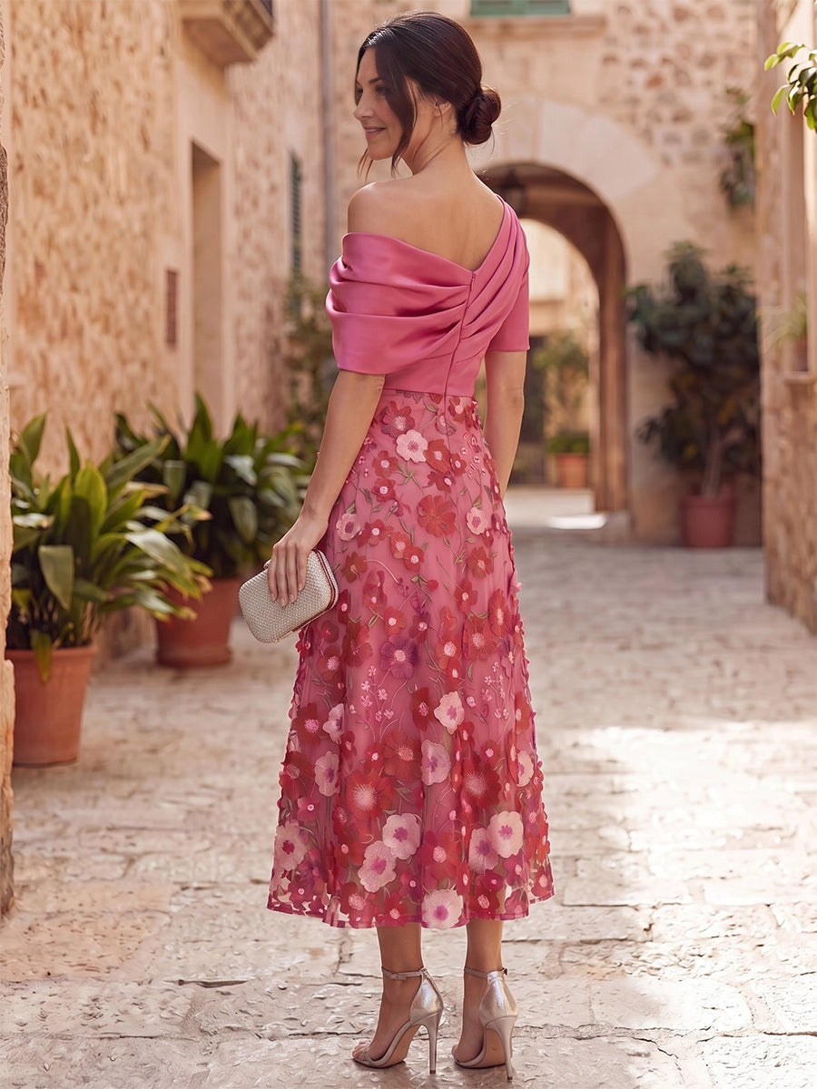 Vedress fuchsia off shoulder a line midi mother of the bride dress with 3d floral applique skirt,front and back view