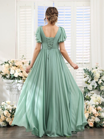 A-Line Chiffon V-Neck Short Sleeves Wedding Guest Bridesmaid Dresses with Split Side & Pockets