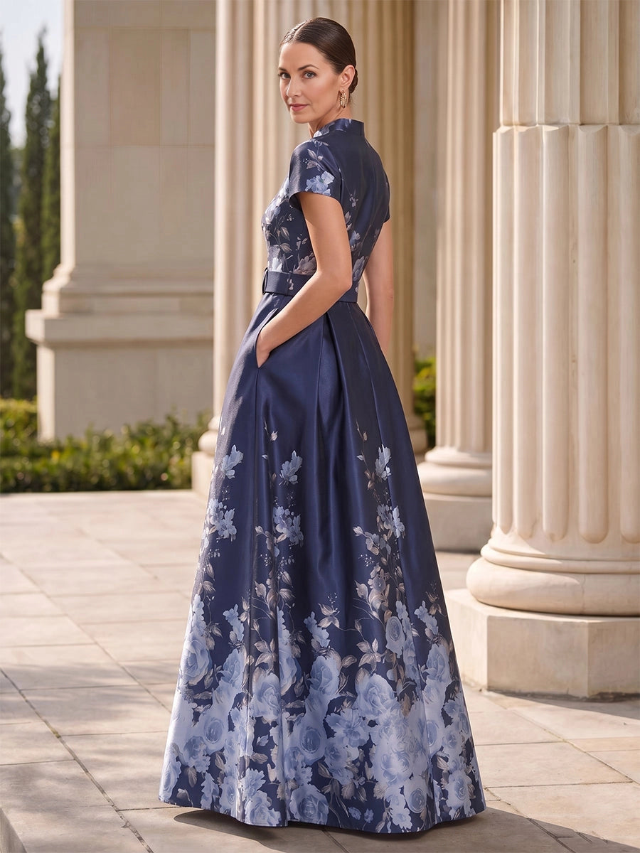 Zip‑back stand collar floral print satin long formal mother of bride gown