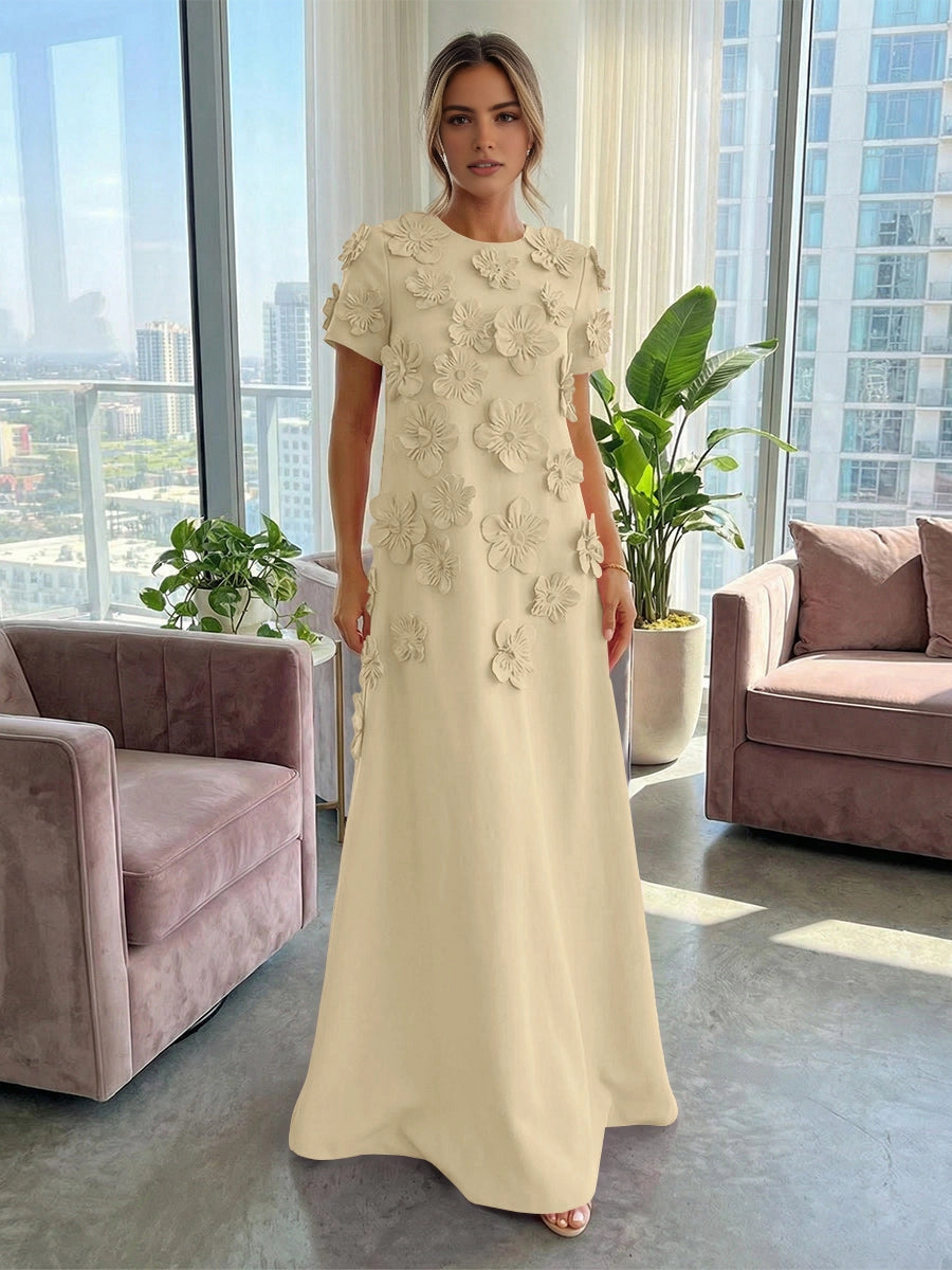 Vibrant Pink A‑Line Round‑Neck Short‑Sleeve Zipper‑Back Long Wedding Guest Dress