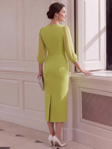 Vedress lime sheath mother of bride gown back view,center zipper closure,back vent slit,long sheer chiffon sleeves,elegant indoor room scenery
