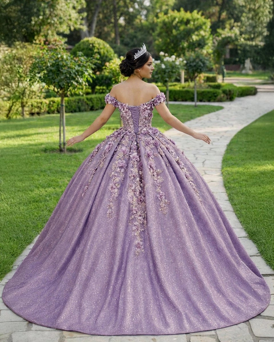 Vedress lavender off shoulder quinceañera dress lace-up corset back 3D flower ballgown back view