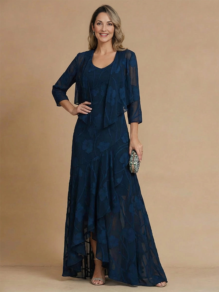 Plum A‑Line V‑Back Floral Chiffon Two‑Piece Mother of the Bride Dress