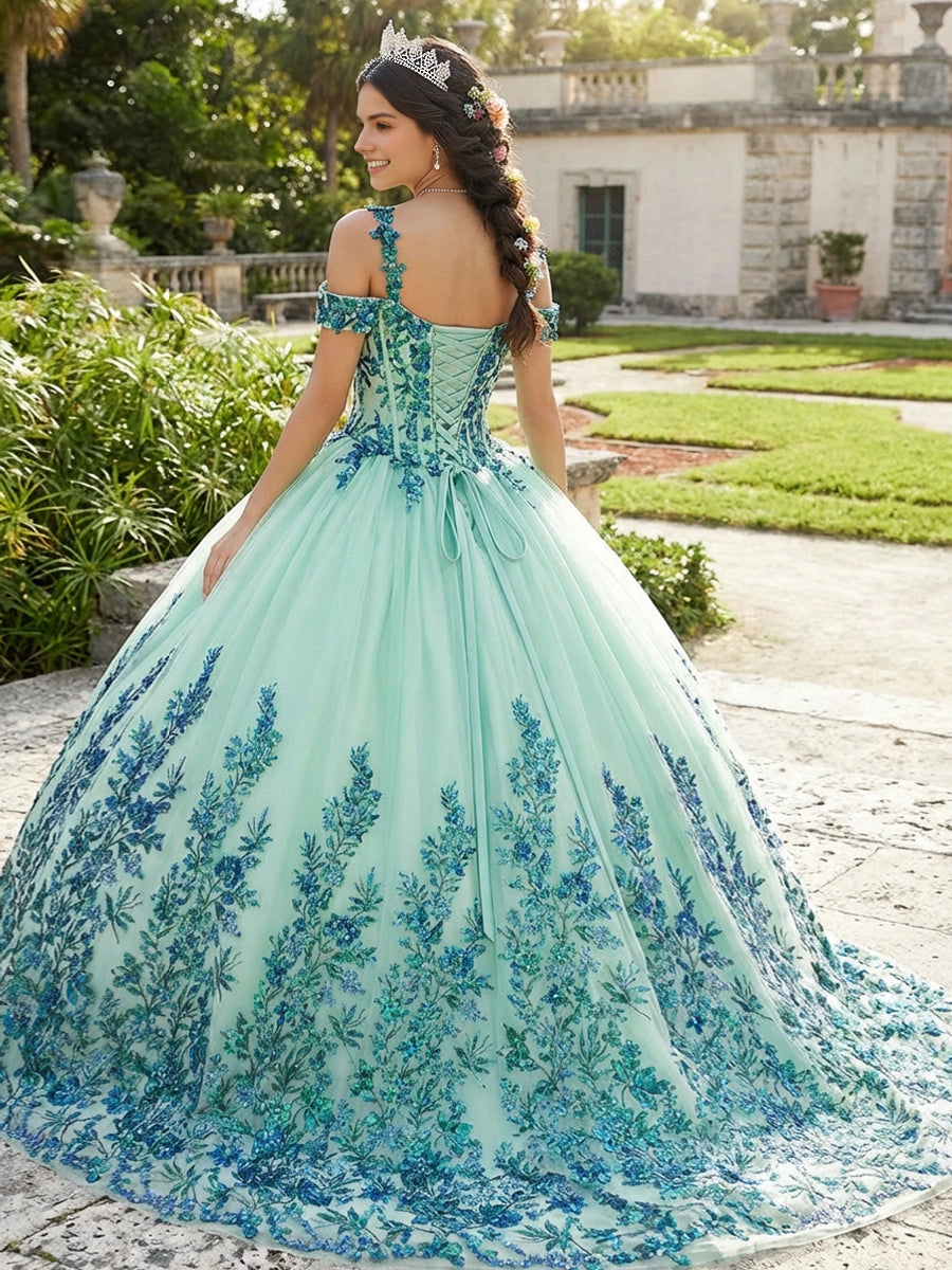 Vedress mint green quinceanera dress off shoulder lace-up corset back gradient sequin botanical appliqué court train ballgown back view