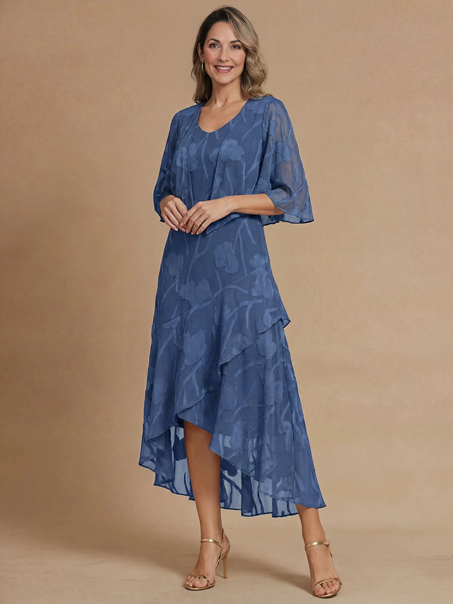Navy A‑Line Scoop Neck Two‑Piece High‑Low Mother of the Bride Dress