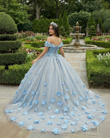 Vedress dusty blue off shoulder ball gown quinceanera dress lace up back view with 3D flowers and train