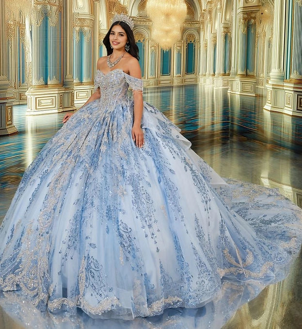 Ball Gown Off Shoulder Sweetheart Corset Bow Train Quinceañera Dress