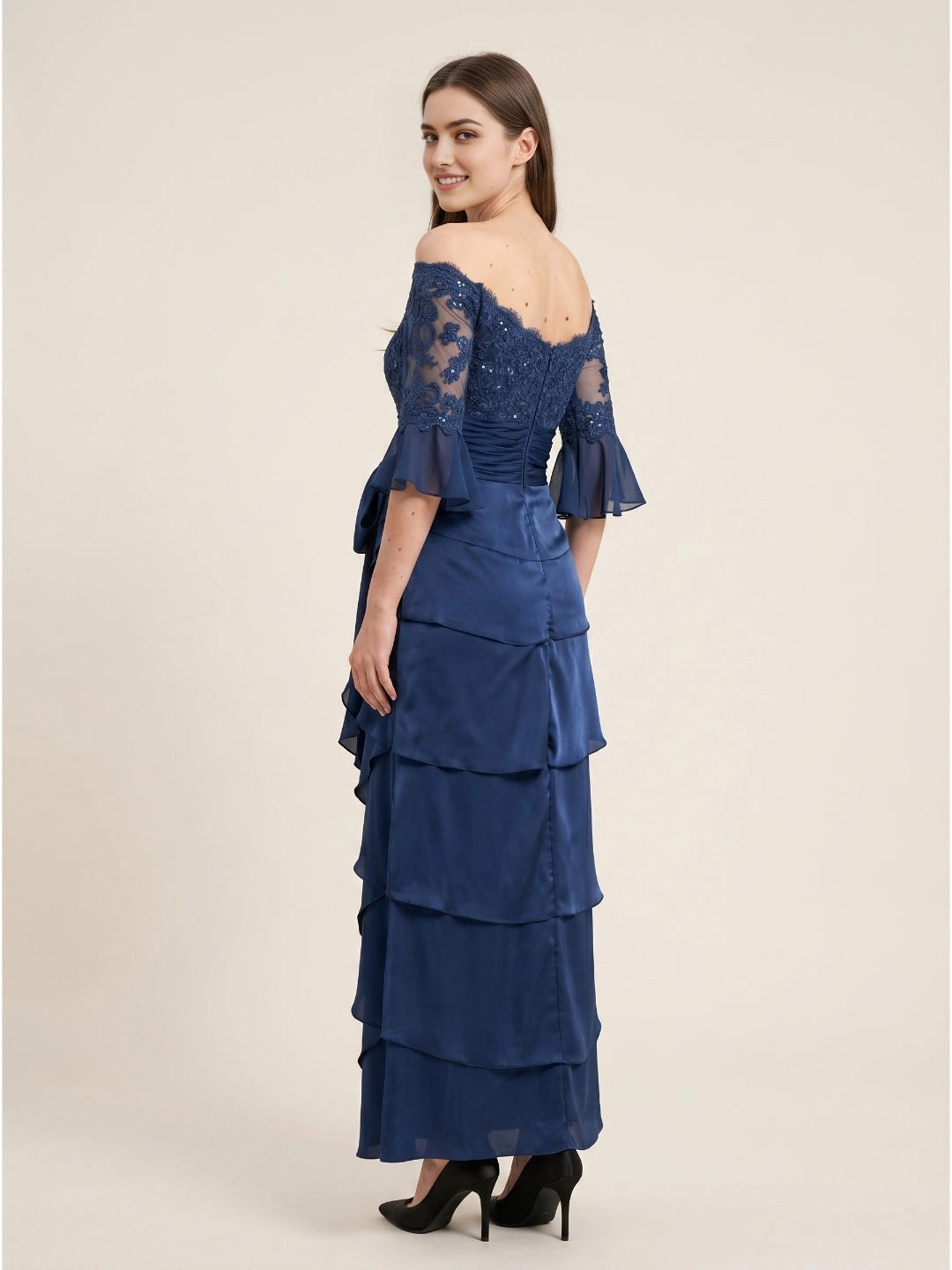 Zip‑back ruched navy lace tiered long mother of the bride formal evening dress