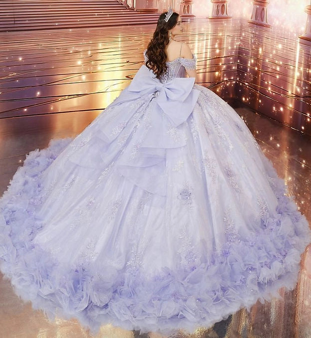 Ball Gown Off Shoulder Sweetheart 3D Floral Corset Big Bow Quinceañera Dress
