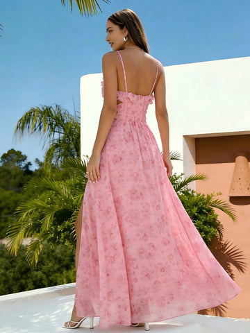 Vedress pink floral chiffon wedding‑guest maxi dress,3D flower bust,thin straps,open‑back and high side slit
