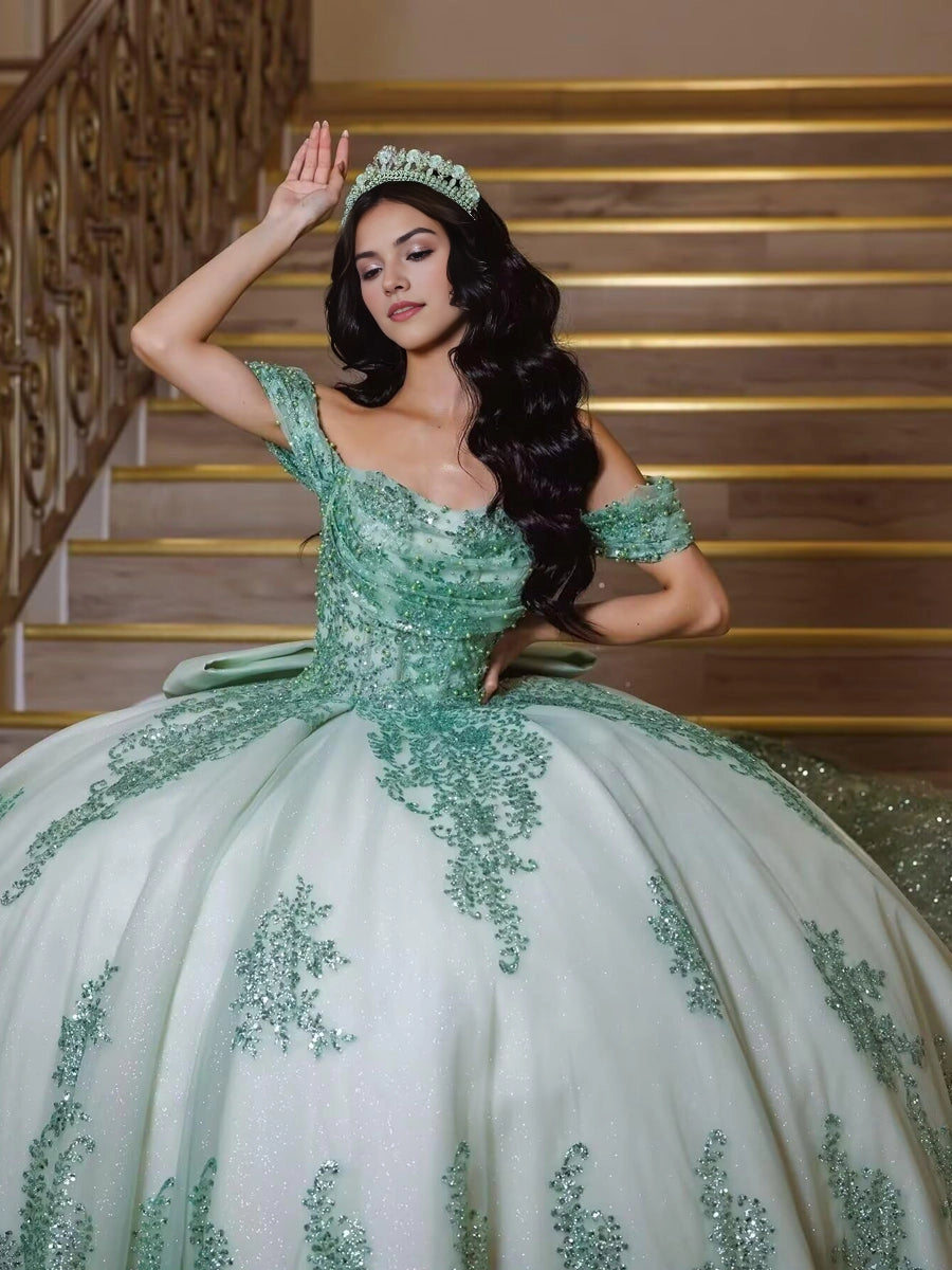 Off Shoulder Ball Gown Lace-Up Back Court Train Quinceanera Dress
