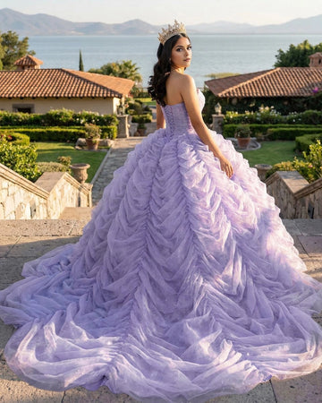 Vedress lavender strapless ball gown quinceanera dress lace up back view, ruched layered tulle with sweeping train