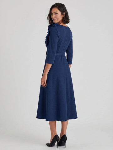 Zip‑back navy textured fabric midi mother of the bride dress with shoulder ruffle bow