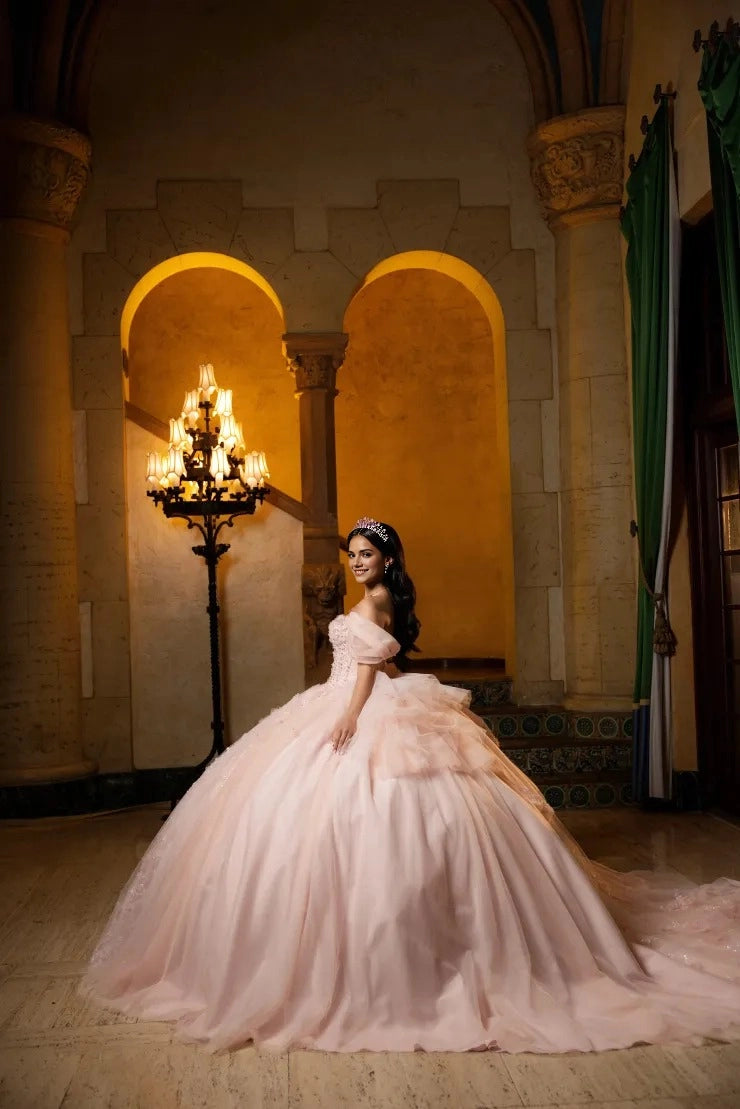 Blush Pink Ball Gown Off The Shoulder Puff Sleeves 3D Floral Appliques Lace Corset Back With Big Bow Quinceanera Dress
