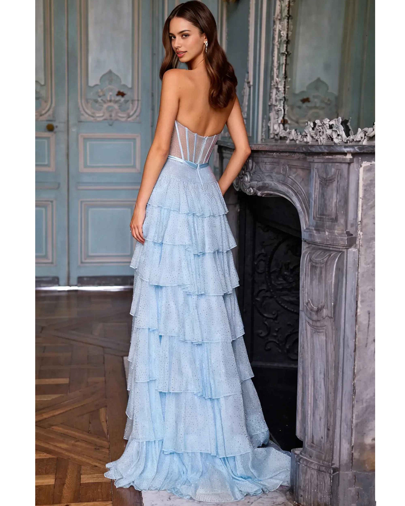 A-Line Princess Ball gown Elegant Tiered Strapless Sleeveless Corset Back Maxi Evening Gown