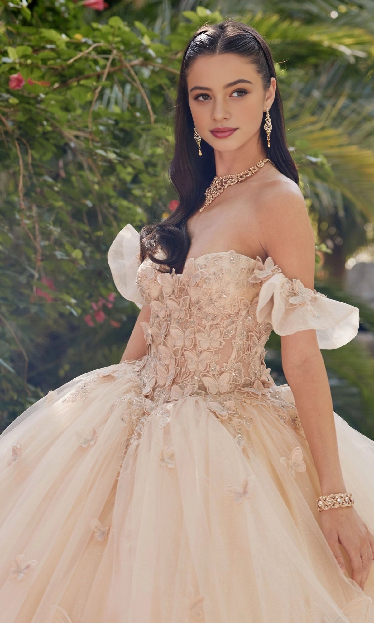 Dreamy Ball Gown Off‑The‑Shoulder 3D Butterfly Lace‑Up Back Court Train Quinceanera Dress