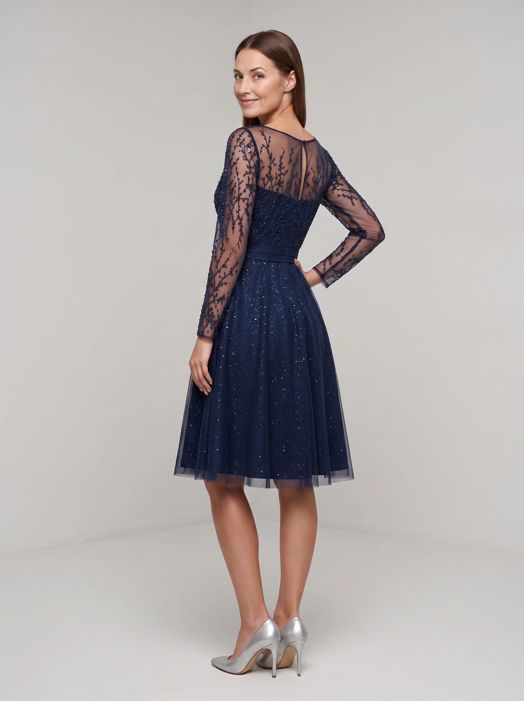 Keyhole‑back navy beaded sparkly tulle knee‑length mother of the bride short evening dress