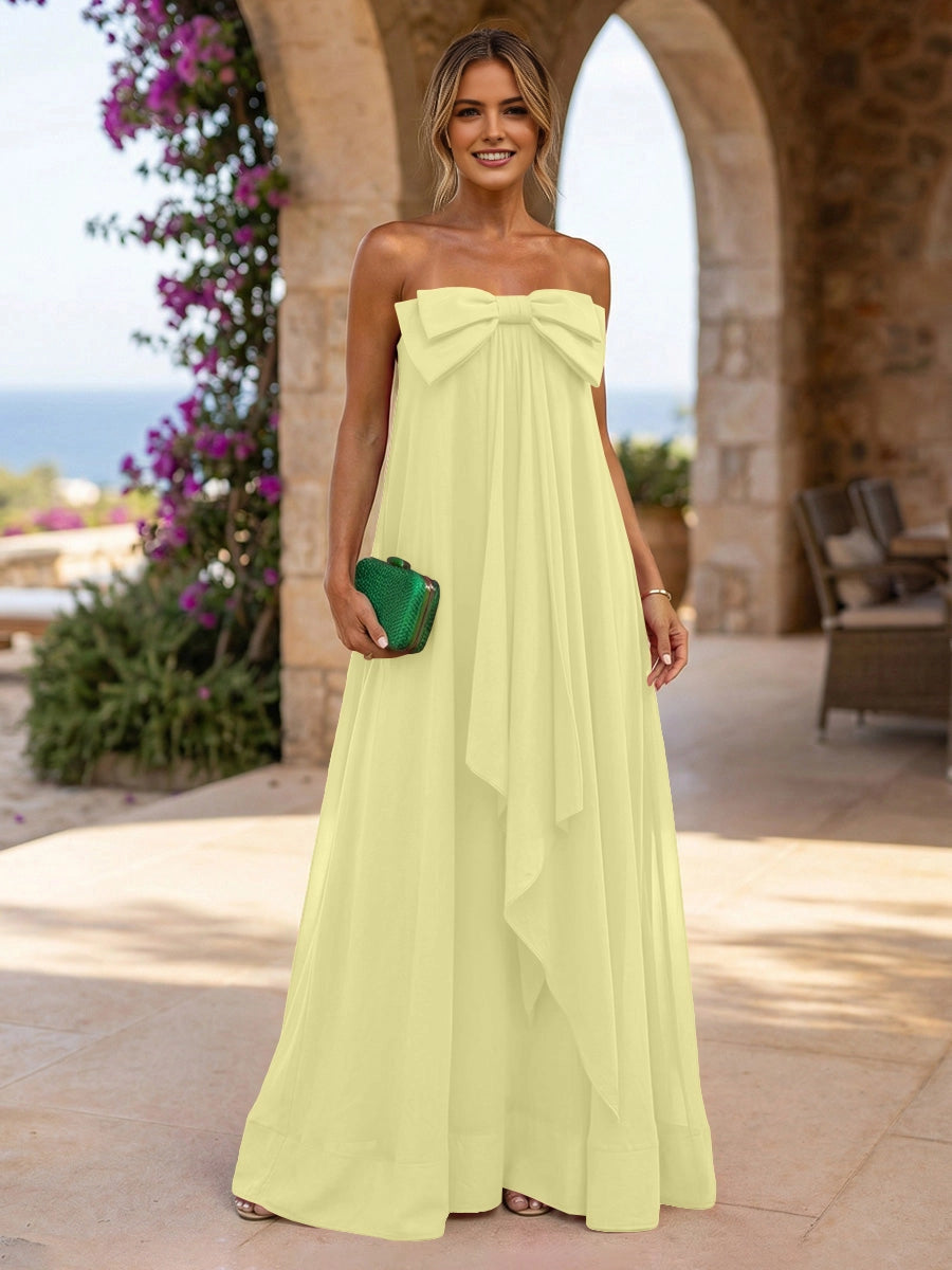 Fuchsia A‑Line Strapless Sleeveless Zipper‑Back Long Bow Chiffon Wedding Guest Dress