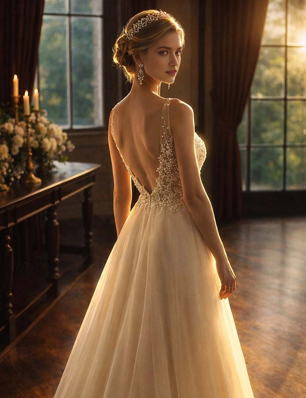 Vedress sheer deep open back bridal gown hand beaded lace floor length tulle dress rear back shot