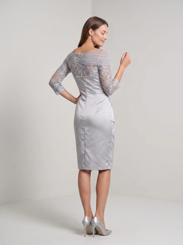 Lace illusion back silver satin sheath knee‑length mother of the bride cocktail dress