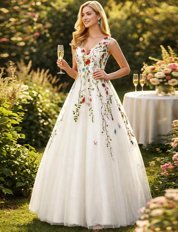 Vedress white tulle floral embroidery v neck prom dress front view sunny garden outdoor scenery
