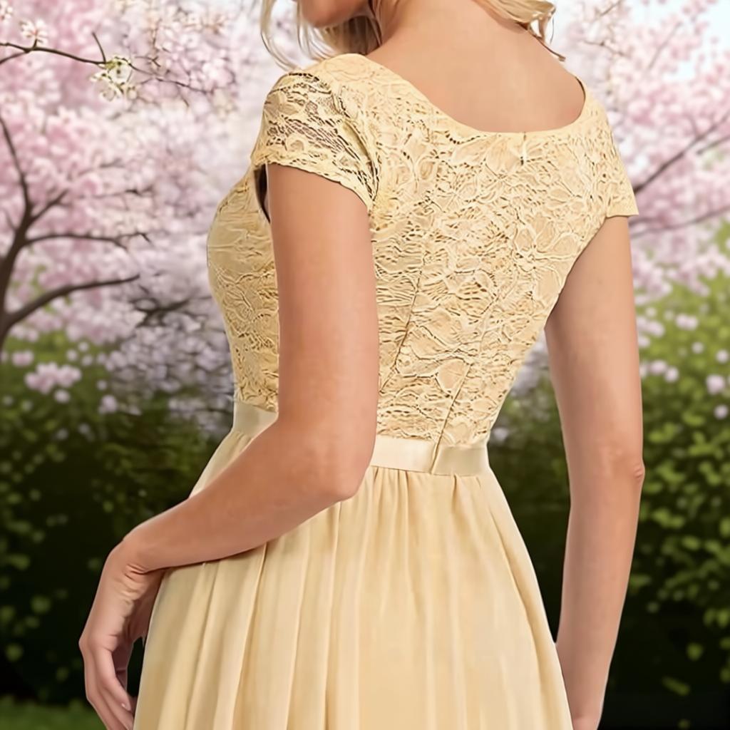 Lace & Chiffon Bridesmaid Dress - V-Neck Cap Sleeve Long Formal Gown for Wedding Guest, Evening Party, Prom
