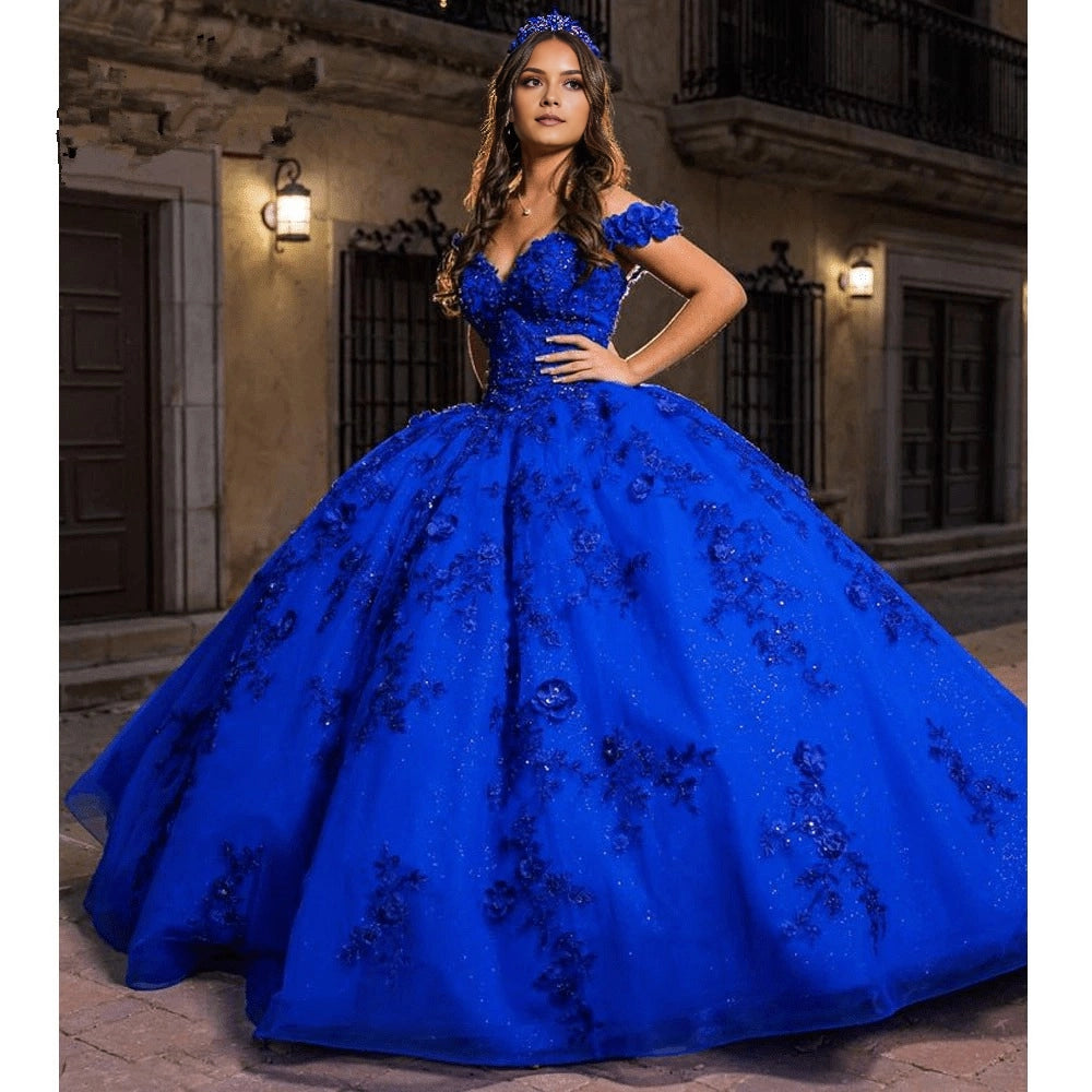 Ballgown Off-shoulder V-neck Short Sleeve Lace-up Back Floor Length Quinceañera Dress