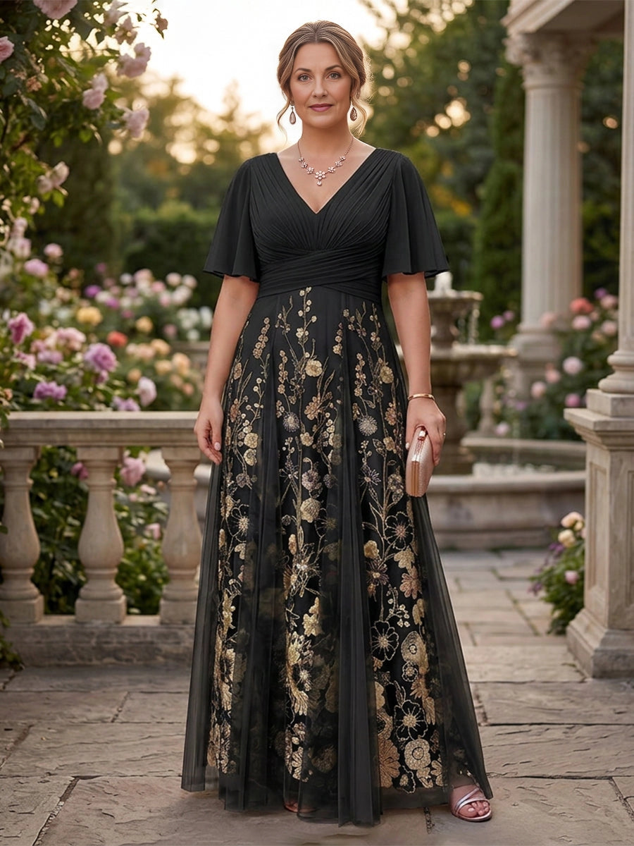 Blush A Line V Neck Flutter Sleeve Deep V Back Long Mother Of The Bride Dress