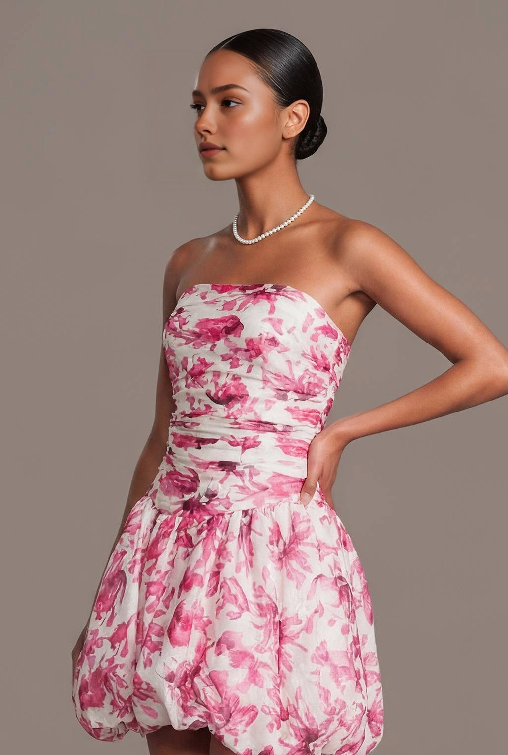 Floral Bubble Strapless Zip Back Mini Homecoming Dress