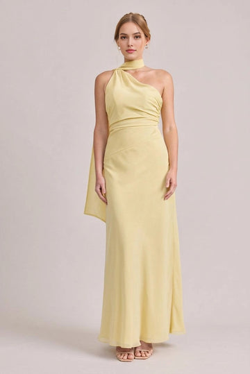 Vedress elegant pale yellow chiffon halter column maxi bridesmaid dress long tie sash for spring garden wedding party