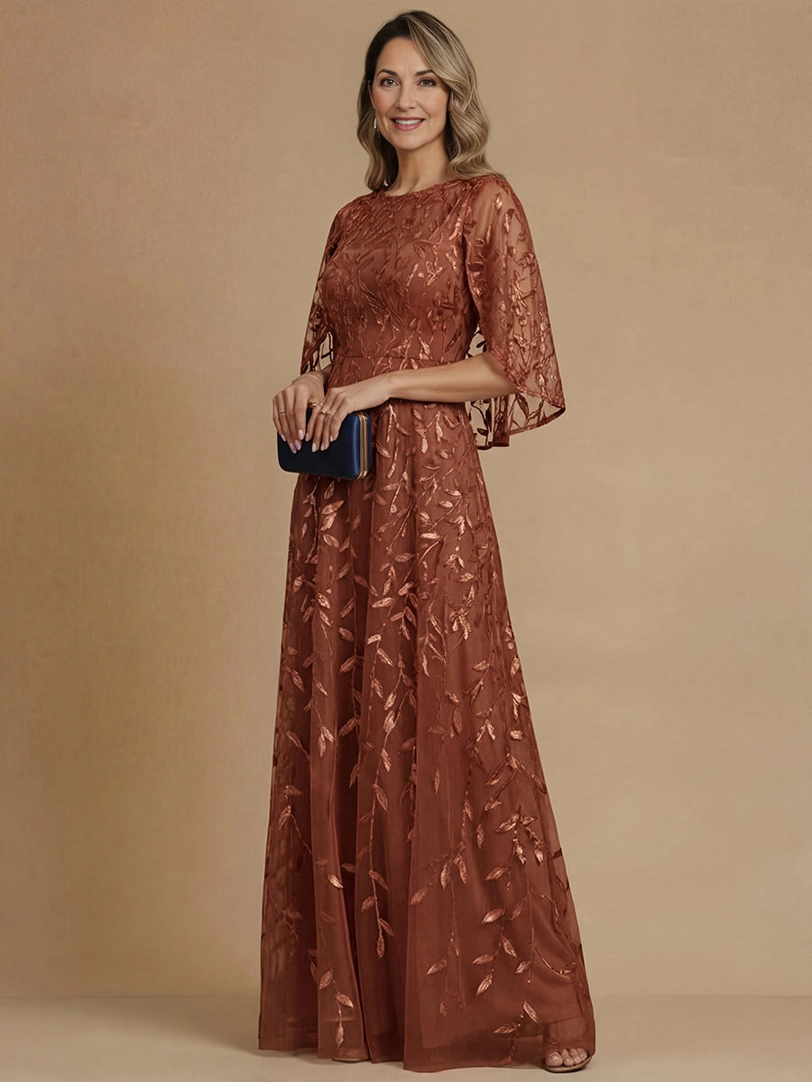 Elegant A‑Line Round‑Neck Cape‑Sleeve Cowl‑Back Long Mother‑of‑the‑Bride Dress