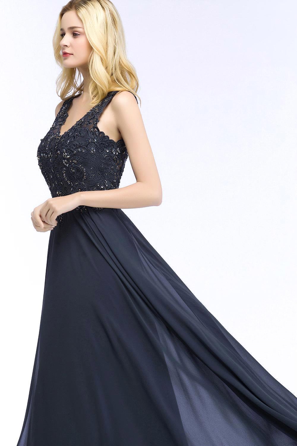 A-line V Neck Sleeveless Chiffon Applique Lace Floor Length Bridesmaid Dresses