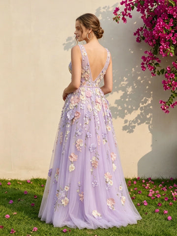 Back‑side Vedress deep open‑back handmade flower applique lavender bridal gown