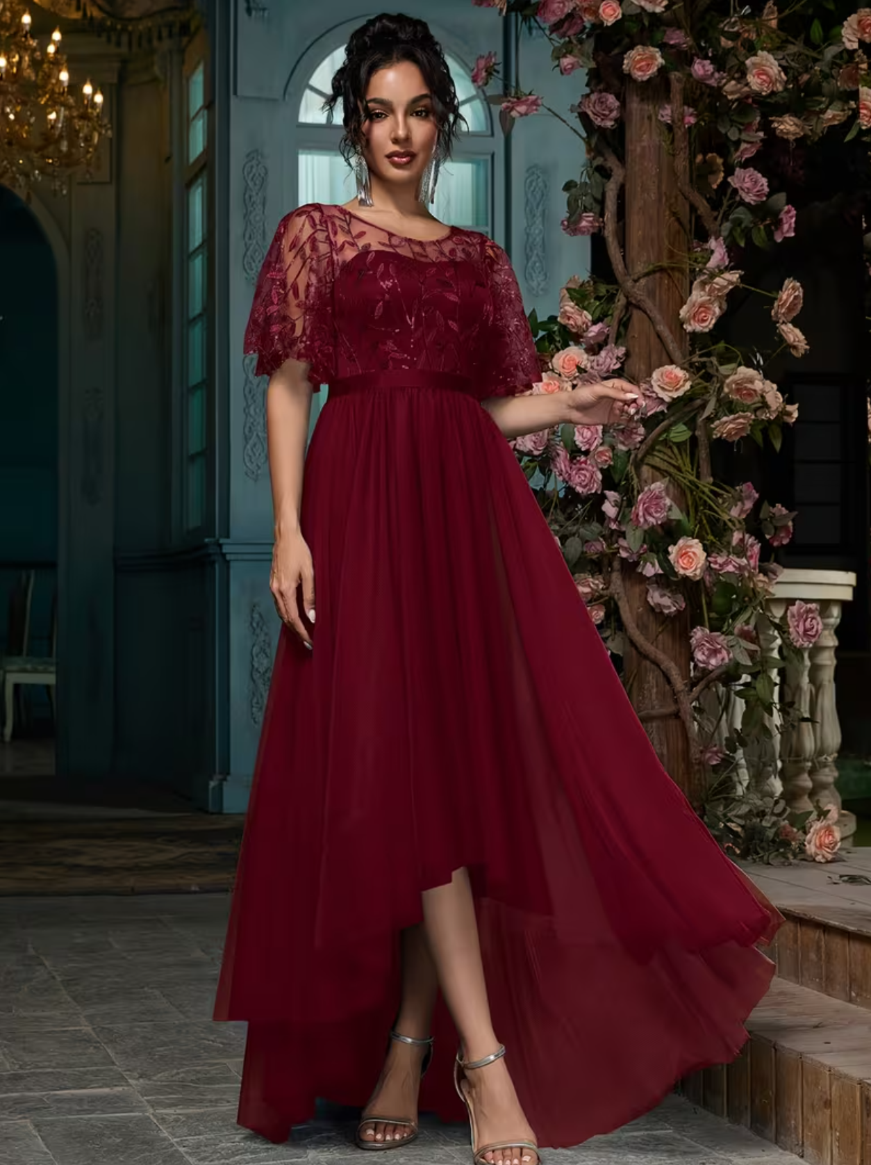A-Line Bridesmaid Dress Mesh Party Maxi for Wedding Guest Round Neck Ruffle Sleeve Sequins Embroidery Prom Dresses