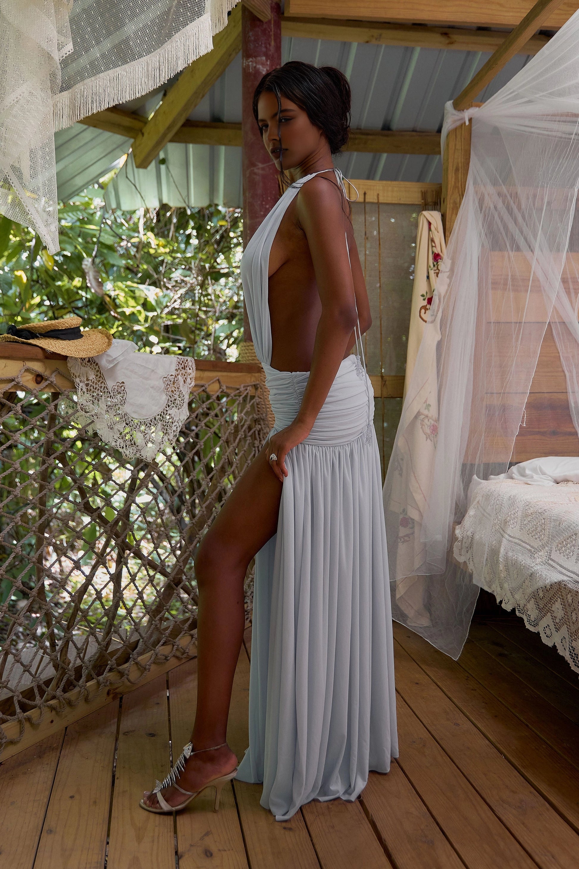 Rear view Vedress bare open‑back halter tie‑up chiffon long prom gown