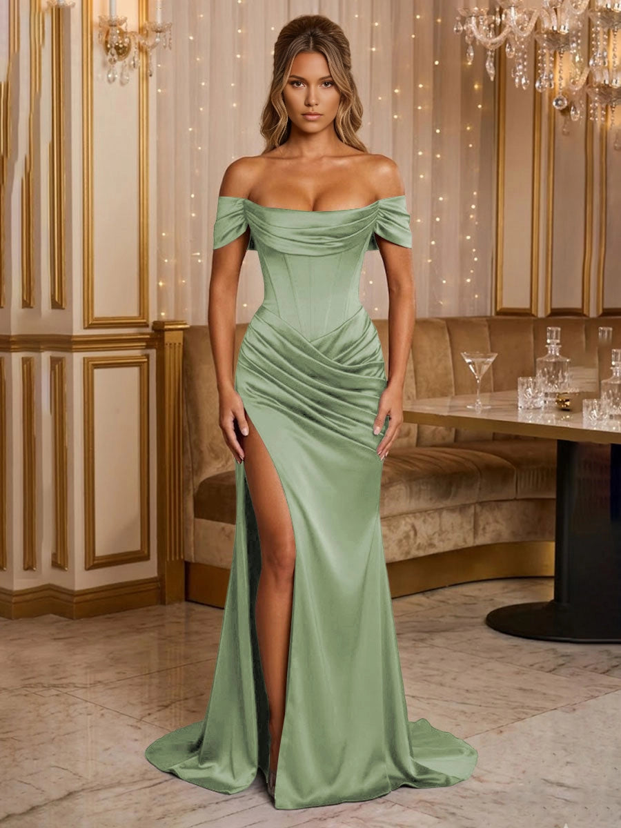 Glamorous Mermaid Off‑Shoulder Short Sleeve Corset‑Back Slit Maxi Evening Dress