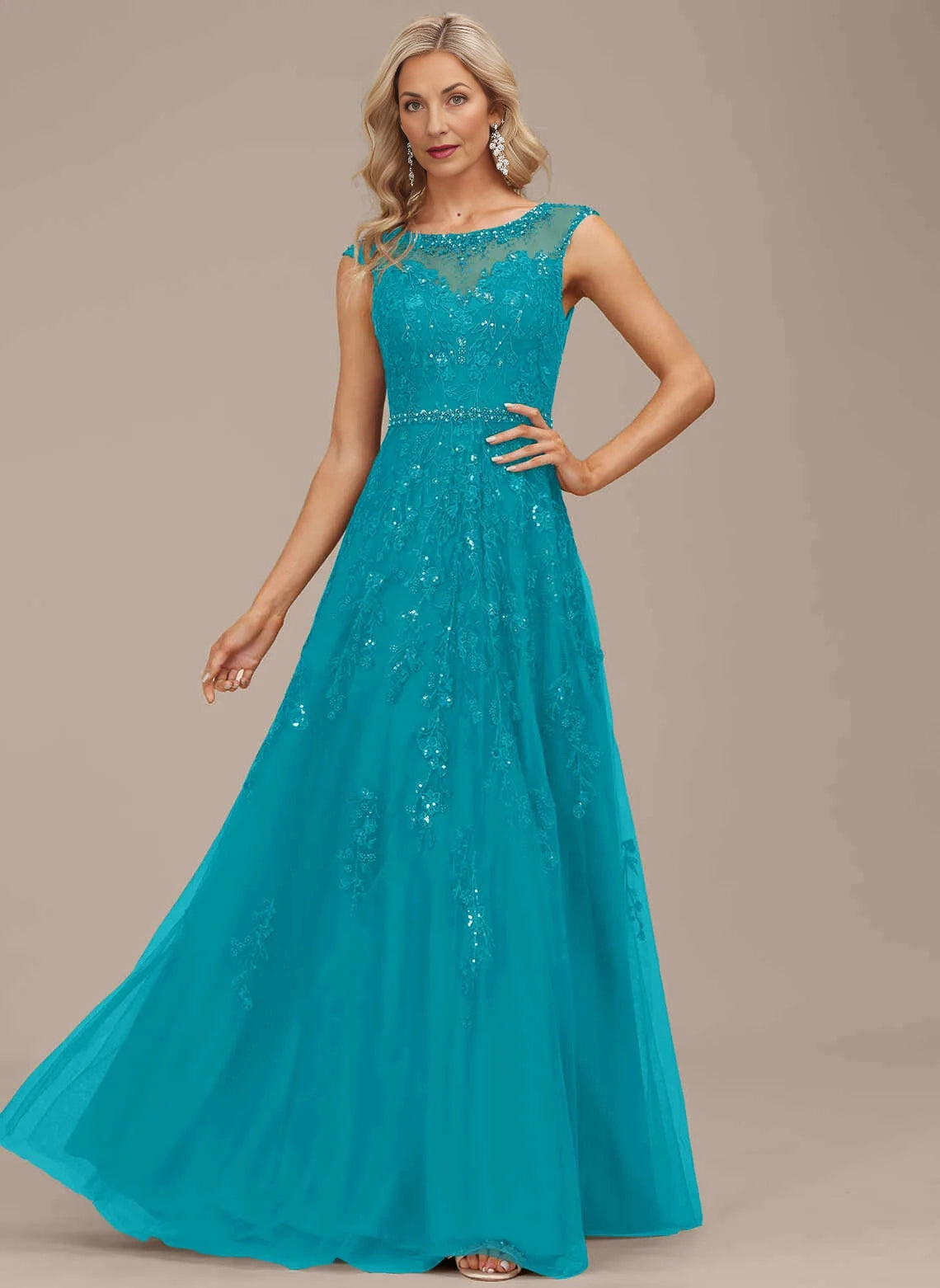 Glamorous A‑Line Illusion Neck Sleeveless Beaded Tulle Mother Of The Bride Dress