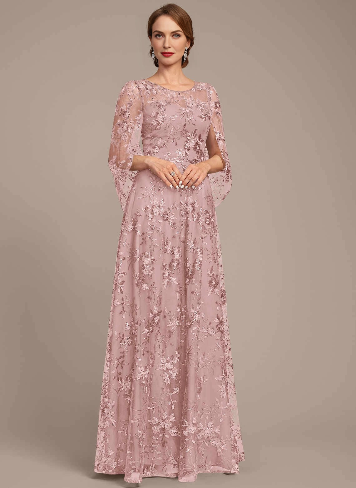 Glamorous A‑Line Scoop Neck Cape Sleeve Illusion Back Long Mother Of The Bride Dress