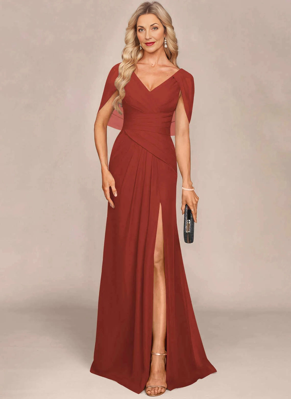 Stylish Mermaid V‑Neck Cape Sleeve Slit Floor‑Length Mother Of The Bride Dress
